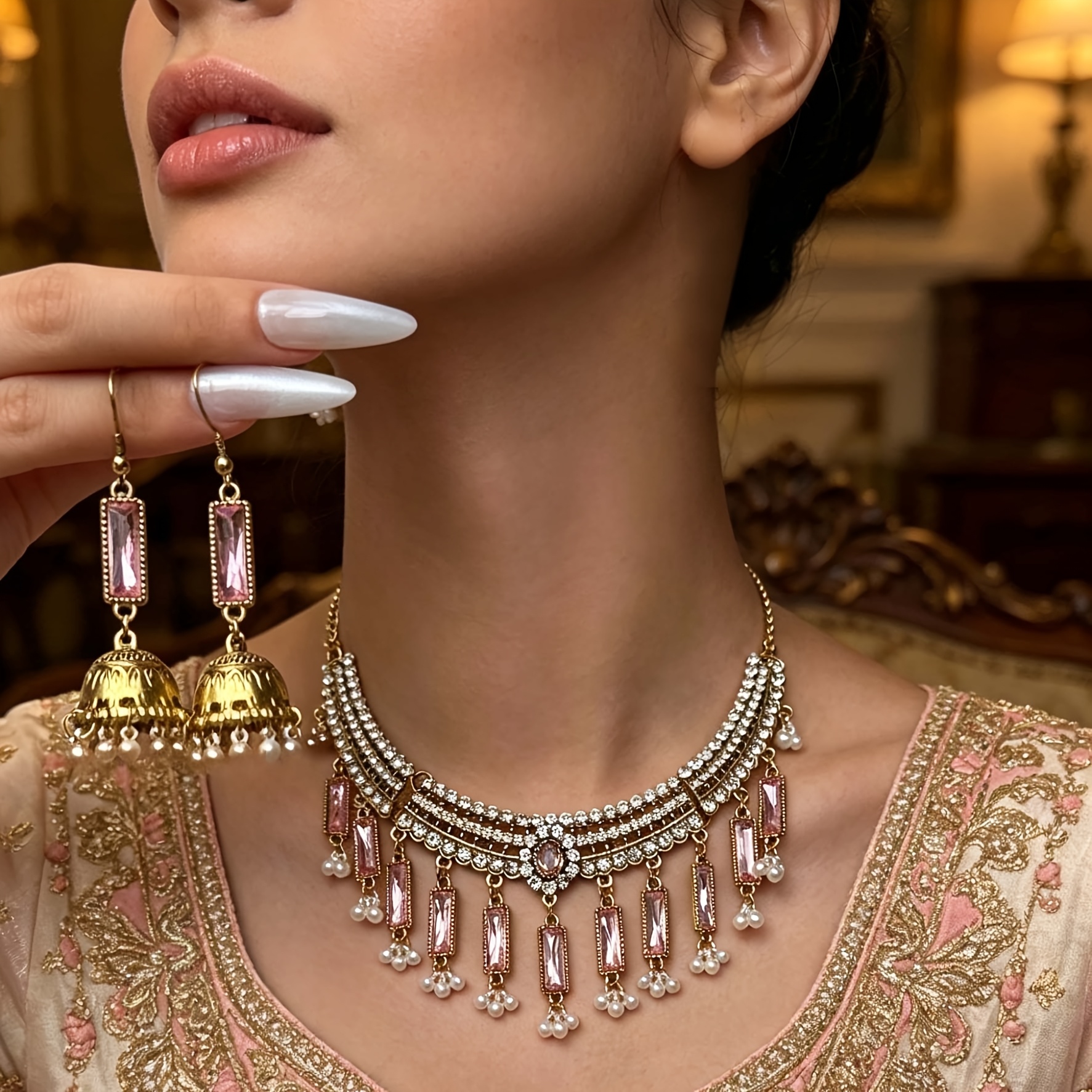 Vintage Golden Tone Black Choker & Bell Drop Earrings Set
